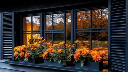 Fototapeta premium Cozy Autumn Evening Reflected in Window with Vibrant Marigolds