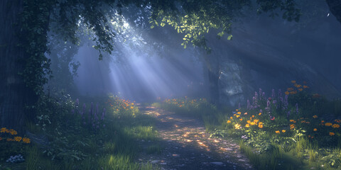 Sunbeams Piercing through a Dreamy Forest with Wildflowers