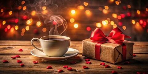 Fototapeta premium Low Light Valentine's Day Coffee Date: Romantic Gift & Confetti Hearts Photo