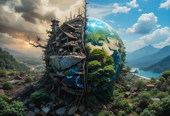 A fractured earth showing environmental damage and a vibrant healthy side of the planet