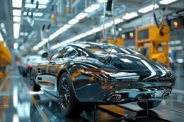 Obraz premium Robotic precision painting a glossy black car. Modern factory lighting reflects on its surfaces. Automotive automation at its finest.