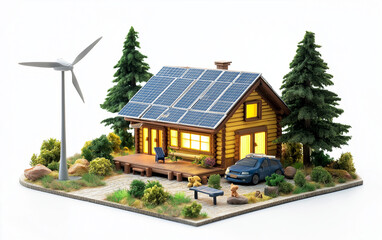 energy setup with solar panels and wind turbine isolated on white background