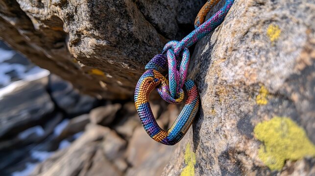 Colorful carabiner tightly secured to a rock face with climbing ropes