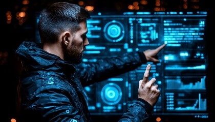 Man Interacting with Digital Data Display at Night