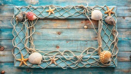 Rustic Ocean Themed Frame of Seashells and Fishing Net on Weathered Wood