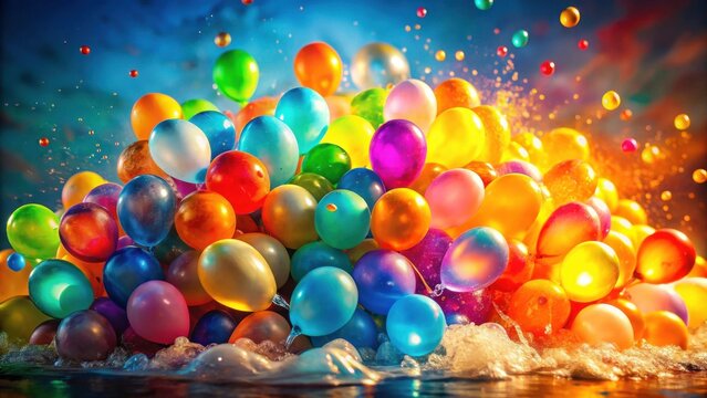 A vibrant cluster of colorful balloons splashing into water, creating a joyful and dynamic scene of celebration