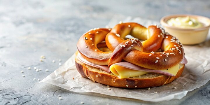A delicious pretzel sandwich with ham and cheese, sprinkled with sesame seeds, served on parchment paper