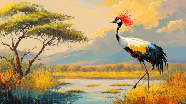 Serene African Sunset: Grey Crowned Crane in Savannah Landscape