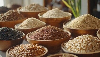 Fototapeta premium Variety of Grains in Wooden Bowls on Table