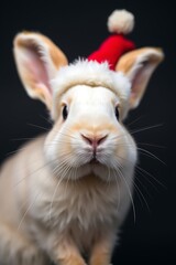 Obraz premium Cute cream bunny wearing Santa hat.