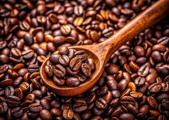 Fototapeta premium Macro Coffee Spoon Photography: Close-up Wooden Spoon, Coffee Beans, Aromatic Coffee Background