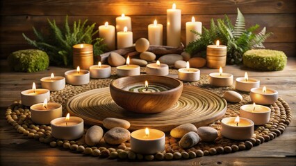 Serene Spa Setting with Lit Candles and Natural Elements