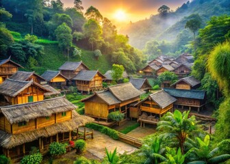 Obraz premium Panoramic View of Bamboo Hut Village - Idyllic Rural Homes, Wooden Houses, Scenic Landscape