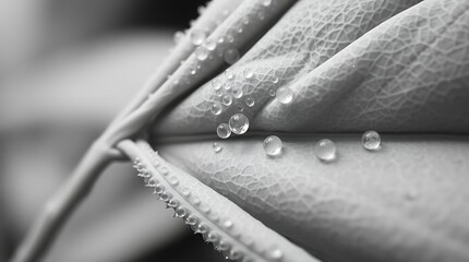 Dewdrops on a leaf, monochrome close-up.