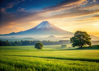 Obraz premium Majestic Mountain Peak Overlooking Verdant Farmland - Serene Landscape Photography