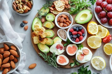 A low-carb snack platter, on a chic coffee table, featuring a variety of healthy