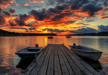 Obraz premium Serene Sunset Over Calm Waters with Boats Docked at a Wooden Pier Surrounded by Vibrant Sky Colors and Reflections in a Peaceful Rural Landscape