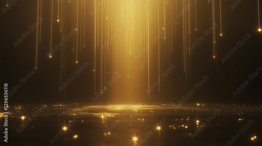 Wall mural A dark background illuminated by golden light beams, creating a luxurious glow and dynamic sparkle on the floor.