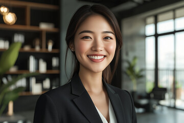 Professional Businesswoman in Modern Office Setting with Shelves and Large Windows