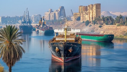 Naklejka premium Tranquil Scene of Cargo Ships Navigating Through a Calm Waterway with Palm Trees and Urban Architecture Amidst a Clear Blue Sky