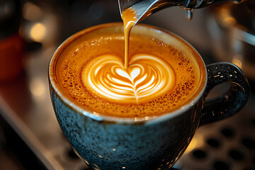 A barista preparing a cappuccino in a modern café, creating latte art. A scene of skill and aesthetics