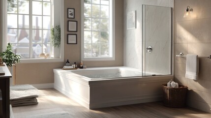 A bright and modern bathroom with a soaking tub and a large window with soft light