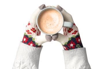 ミルク入りのコーヒーを両手で持っている、手袋をつけた女性