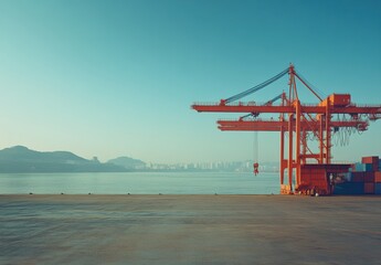 Vibrant Industrial Crane and Port Scene Against Calm Water and Urban Background at Sunrise, Symbolizing Maritime Trade and Shipping Efficiency