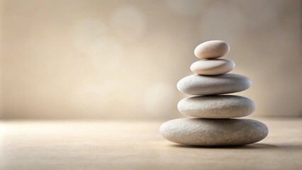 Serene Stack of Smooth Stones on Neutral Background, Representing Balance and Tranquility