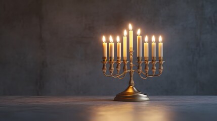 Fototapeta premium Golden Menorah with Lit Candles Illuminates the Dark