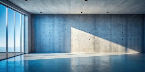 Modern minimalist interior design with concrete walls and floor, large window showcasing a scenic view