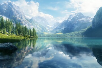 Fototapeta premium Serene mountain landscape reflecting in a tranquil lake.