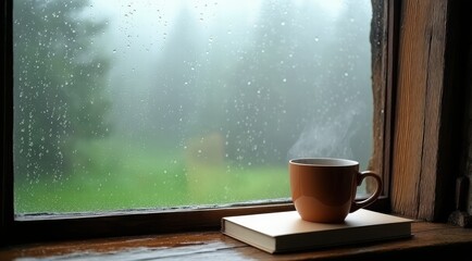 A cozy scene with a steaming cup by a rainy window