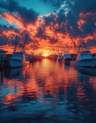 Vibrant Sunset Over Marina with Boats Reflected in Calm Water, Creating a Serene Atmosphere Surrounded by Colorful Clouds and a Glowing Horizon