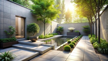 Serene Modern Courtyard Design with Reflecting Pool and Lush Greenery