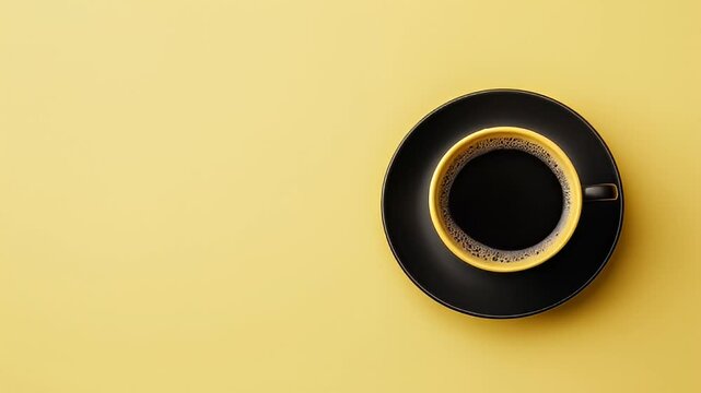 Yellow cup of coffee on saucer, yellow background, minimalist design, website header