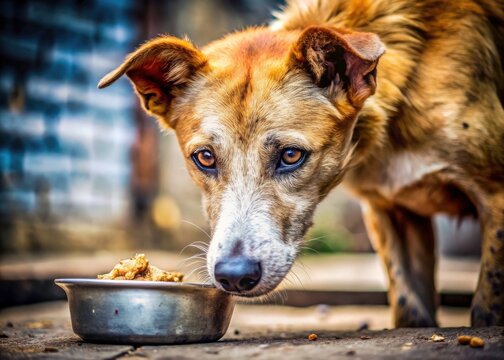 Sad Stray Dog Skin Disease Food Bowl Photo - Animal Welfare, Homeless Pets, Poverty