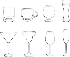 Set of elegant line empty glasses element including wine glass, cocktail glass, beer glass, and other glassware for beverage, bar, restaurant, drinkware design