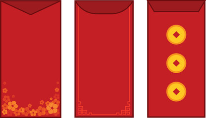 Set of red envelopes element symbolizing prosperity, wealth, luck, fortune for traditional lunar new year holiday, angpao, hongbao, lai see, lucky money illustration