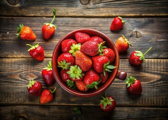 Vintage Strawberries Red Bowl Wooden Background Still Life Photo - Rustic Kitchen Decor