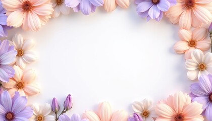 Fototapeta premium Pastel cosmos flowers in soft hues forming a floral frame