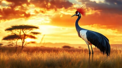 Obraz premium Majestic Grey Crowned Crane at African Sunset