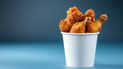 Fried chicken served in a white cup on a wooden table with a rustic background