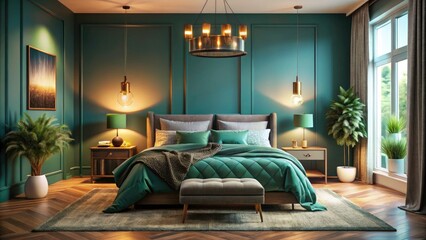 Teal Bedroom Decor, Low Light Photography, Cozy Room, Stylish Bedding, Modern Lighting, Interior Design