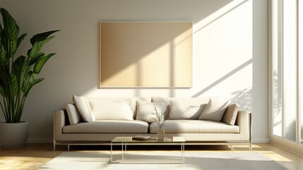 Sunlit minimal living room with beige sofa, plant and blank frame canvas
