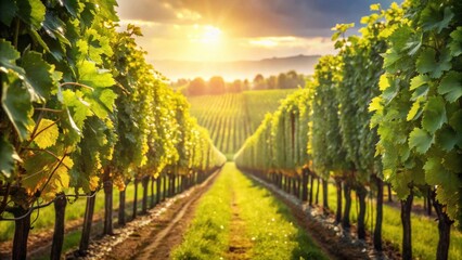 Naklejka premium Golden Hour in a Vineyard Rows of Lush Grapevines Basking in the Sunset's Warm Glow