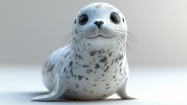Adorable 3D rendered harbor seal pup, white fur, black spots, big eyes, smiling.
