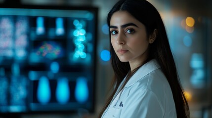 Obraz premium The Dedicated Iranian Female Doctor Standing in front of Her Clinic