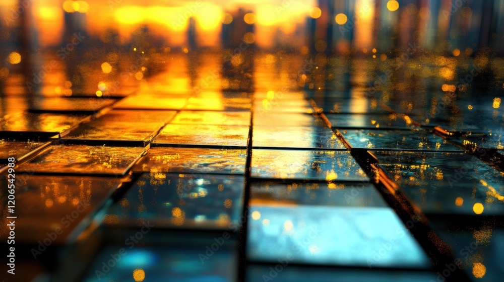 Sticker Colorful reflections dance across a metallic grid surface as sunlight fades, creating a captivating visual experience at dusk