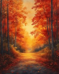 Obraz premium Autumnal path through vibrant red forest.
